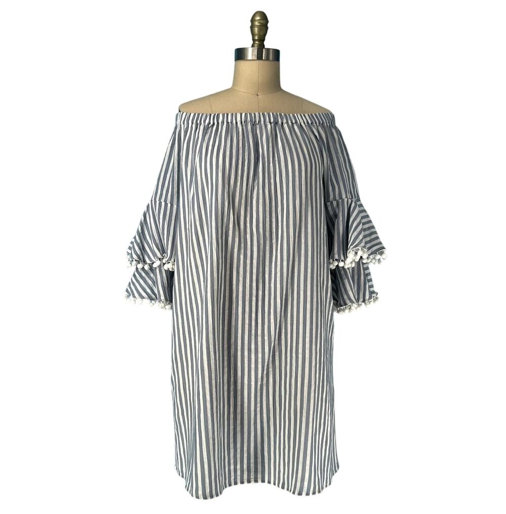 Neiman Marcus Off-Shoulder Striped Pom-Pom Shift Dress size Large